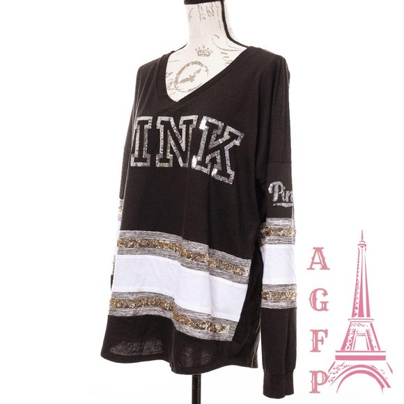 PINK VS bling Logo sequin Varsity black V neck Top - Picture 6 of 10